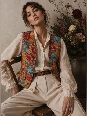 LIZ SPORT Vintage Floral Patchwork Vest Sz S Petite Gramdmacore Boho Cottagecore